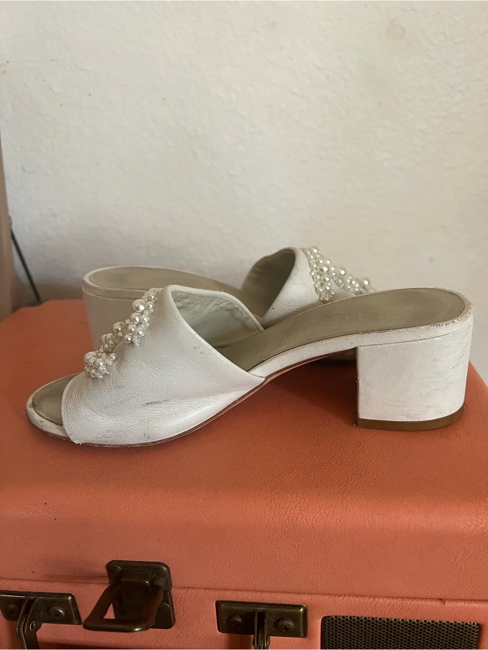 CHANEL Ivory White Pearl Embellished Leather Sandals Slides UE Size 35 C